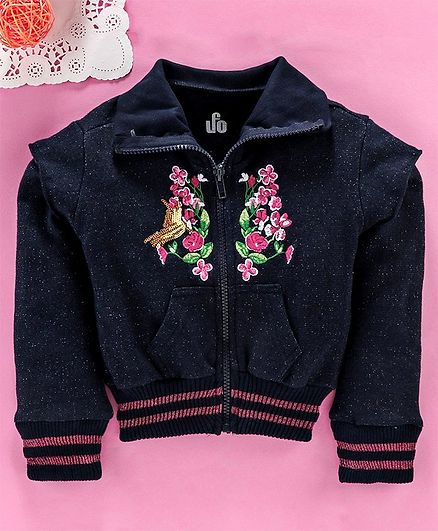 UFO Full Sleeves Flower Embroidered Jacket - Navy Blue