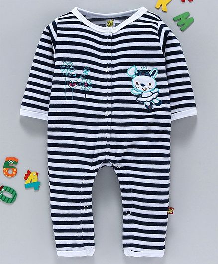 Wow Winter Wear Full Sleeves Striped Romper Bear Embroidery - Navy