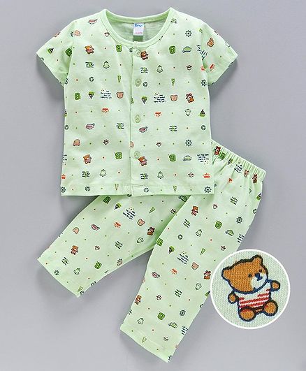 Tango Half Sleeves Night Suit Teddy Print - Green
