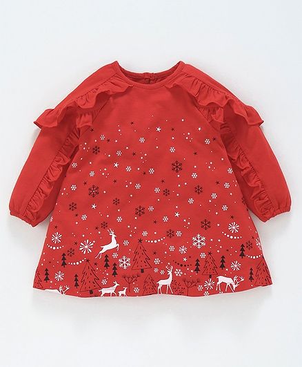 Babyoye Full Sleeves Cotton Frock Allover Printed - Red