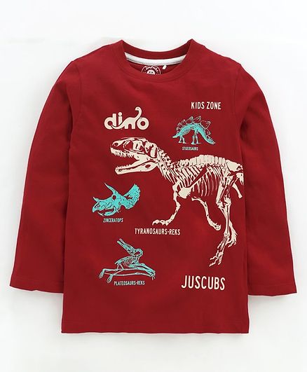 Jus Cubs Dinosaur Printed Full Sleeves Tee - Red