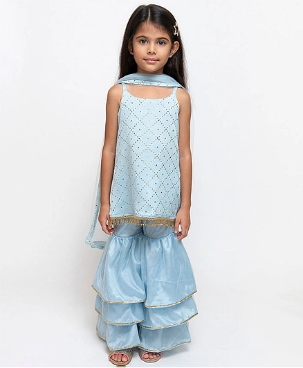 Fairies Forever Mukaish Work Sleeveless Top With Sharara & Dupatta - Blue