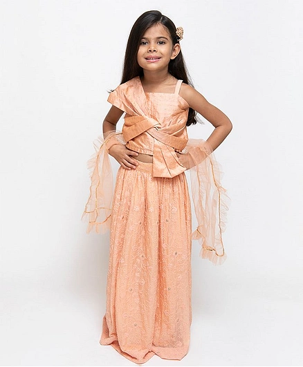 Fairies Forever Bow Knot Sleeveless Choli With Flower Embroidered Lehenga & Dupatta - Peach
