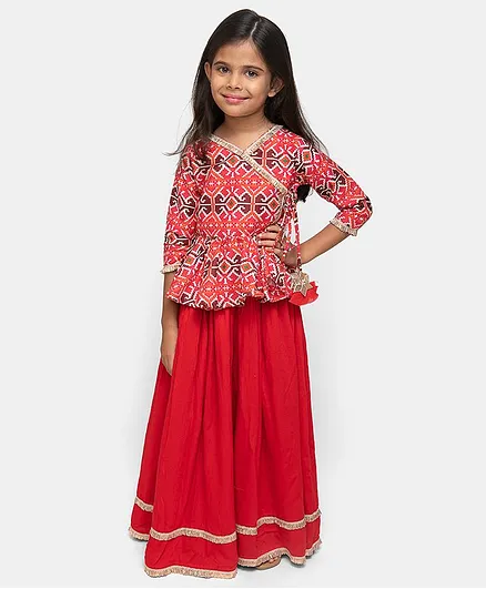 Fairies Forever Printed Three Fourth Sleeves Top With Skirt - Red