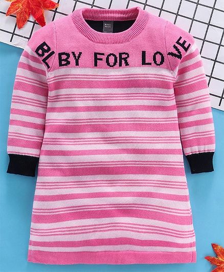 Kookie Kids Full Sleeves Striped Sweater Dress - Pink