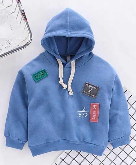 Kookie Kids Full Sleeves Hooded Sweatshirt With Patch Work - Blue