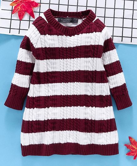 Kookie Kids Full Sleeves Striped Winter Wear Frock - White Maroon