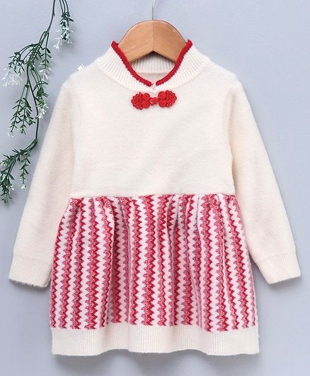 Kookie Kids Full Sleeves Chevron Winter Dress - White Red