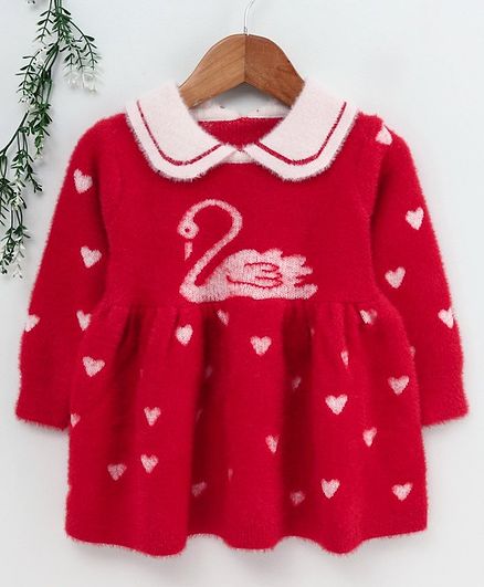 Kookie Kids Full Sleeves Winter Dress Hearts & Swan Print - Red