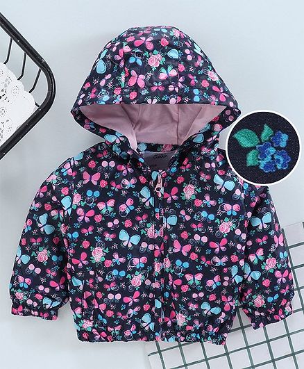 Yiyi Garden Full Sleeves Sweat Jacket Floral Print - Navy Blue