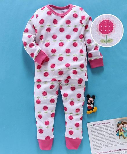 Yiyi Garden Full Sleeves Night Suit Floral Print - White Pink