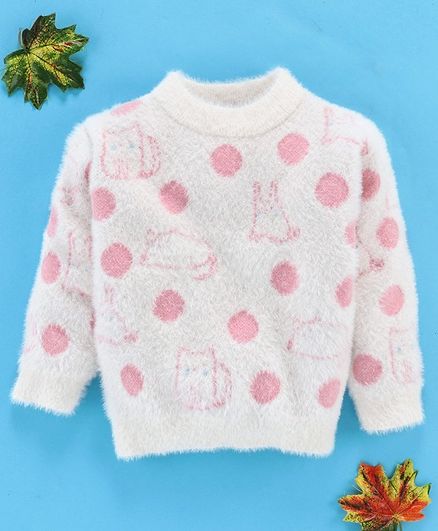 Kookie Kids Full Sleeves Sweater Polka Dot Design - White Pink