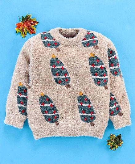 Kookie Kids Full Sleeves Sweater Christmas Tree Design - Beige