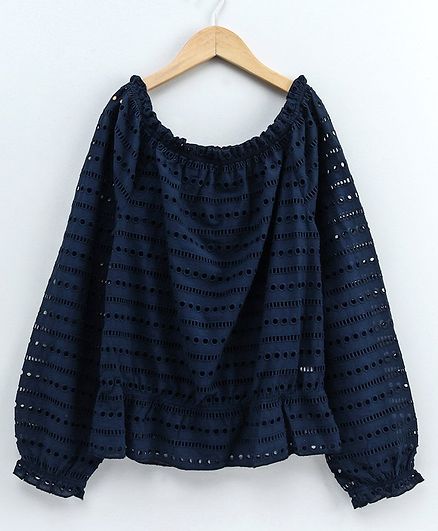 Natilene Solid Full Sleeves Scallop Top - Navy Blue