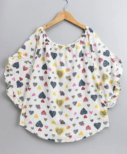 Natilene Three Fourth Sleeves Heart Print Top - White