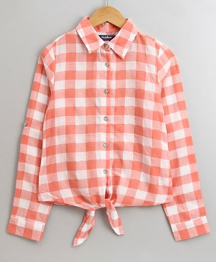 Natilene Full Sleeves Checked Front Knot Shirt - Orange