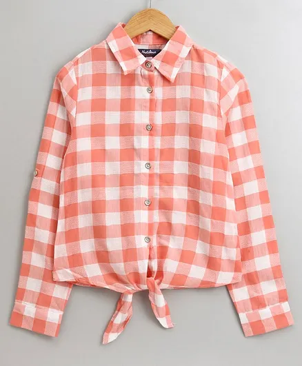 Natilene Full Sleeves Checked Front Knot Shirt - Orange