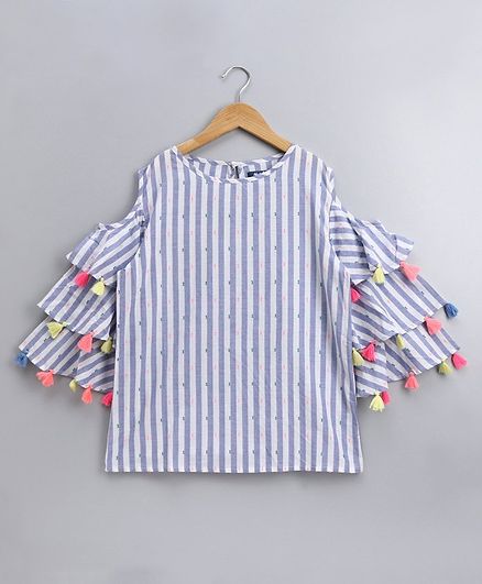Natilene Three Fourth Sleeves Striped Tassel Work Top - Blue