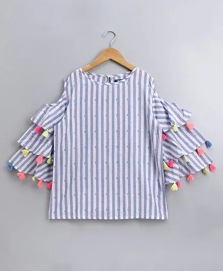 Natilene Three Fourth Sleeves Striped Tassel Work Top - Blue