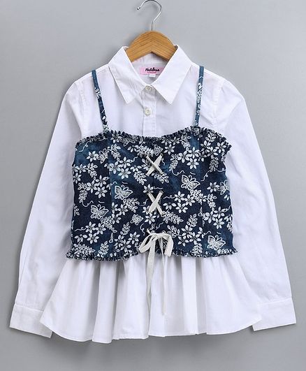 Natilene Full Sleeves Shirt With Sleeveless Floral Print Cami Top - White