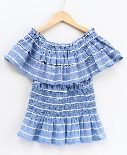 Natilene Half Sleeves Striped Cinched Waist Top - Blue