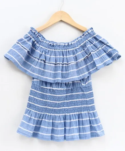 Natilene Half Sleeves Striped Cinched Waist Top - Blue