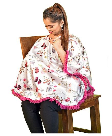 Mum's Caress Satin Premium Feeding Covers Floral Print - White