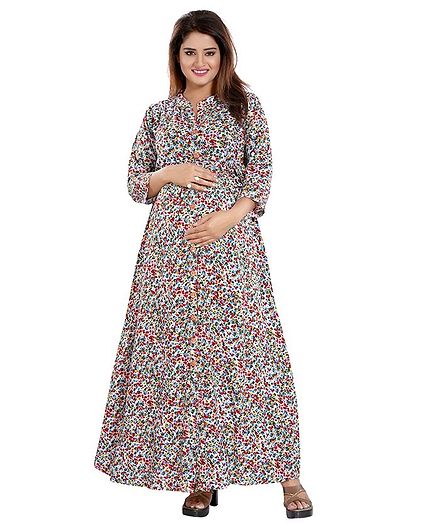 Mamma's Maternity All Over Flower Print Three Fourth Sleeves Dress - Red