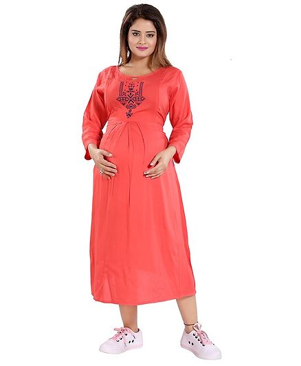 Mamma's Maternity Embroidered Neckline Full Sleeves Dress - Peach