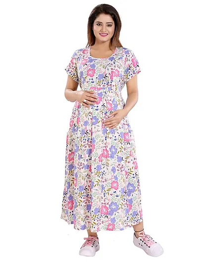 Mamma's Maternity Flower Print Half Sleeves Dress - Off White