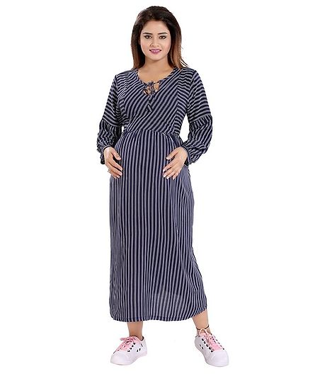 Mamma's Maternity Striped Full Sleeves Dress - Navy Blue & White