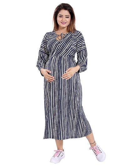 Mamma's Maternity Striped Full Sleeves Dress - Navy Blue & Off White