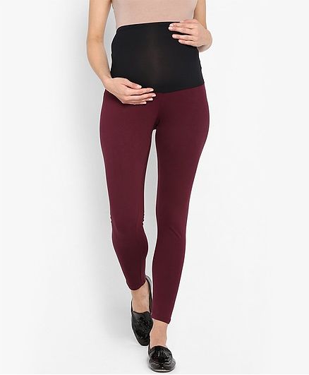 Momsoon Full Length Solid Maternity Leggings - Maroon