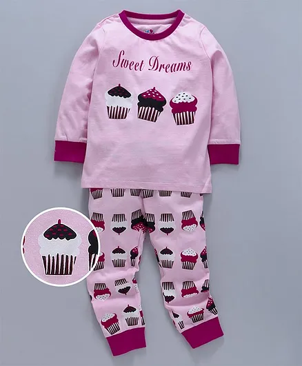 Ventra Cupcake Printed Full Sleeves Night Suit - Light Pink