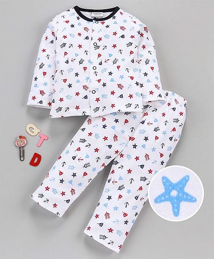 Wonderchild All Over Stars & Anchor Printed Full Sleeves Night Suit - White