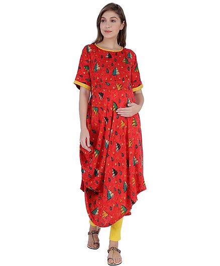 MomToBe Trees Print Half Sleeves Feeding Kurti - Red