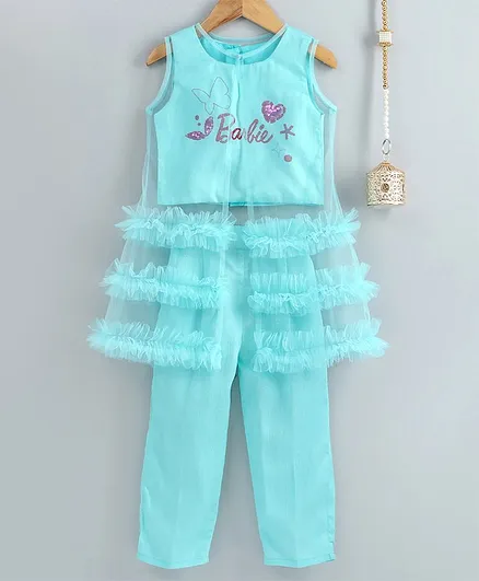 Barbie By Many Frocks & Sleeveless Barbie Print Top With Pants & Long Transparent Jacket - Blue
