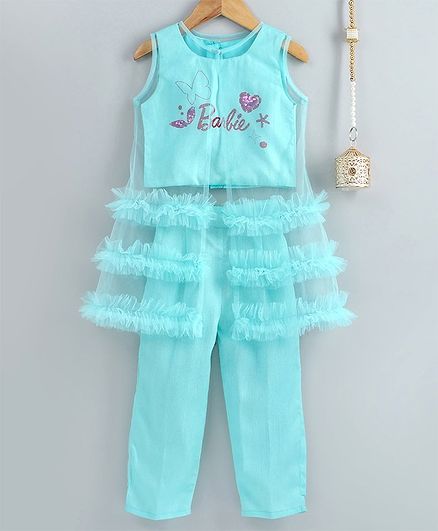 Barbie By Many Frocks & Sleeveless Barbie Print Top With Pants & Long Transparent Jacket - Blue