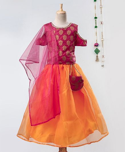 Barbie By Many Frocks & Half Sleeves Motif Print Cold Shoulder Choli With Lehenga - Pink & Yellow