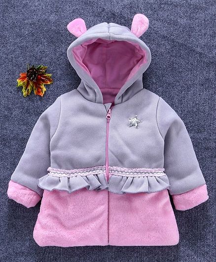 Little Kangaroos Full Sleeves Hooded Sweat Jacket Star Patch - Pink Grey