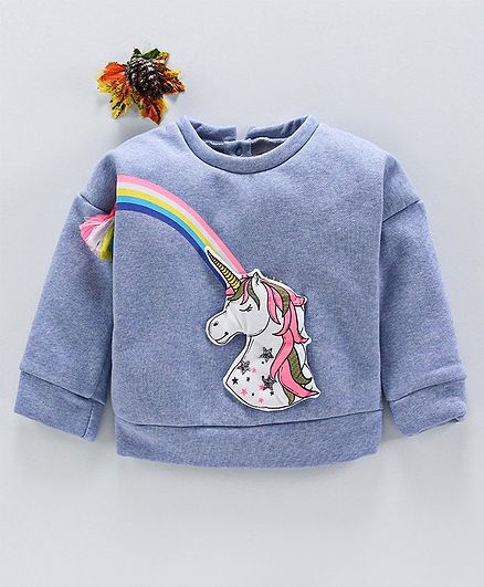 Little Kangaroos Full Sleeves Sweatshirt Unicorn Patch - Blue