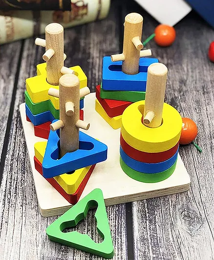 Yamama Preschool Geometric Wooden Shape Sorter Toy - Multicolur