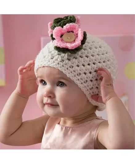 Love Crochet Art Flower Pattern Crochet Cap - White