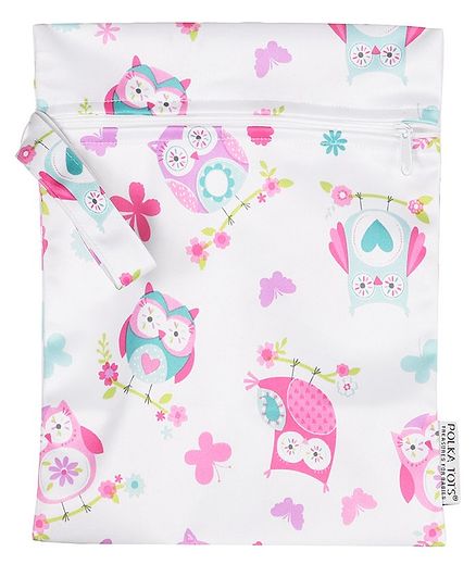 Polka Tots Waterproof Owl Themed Wet Bag Pouch With Zipper - White Pink