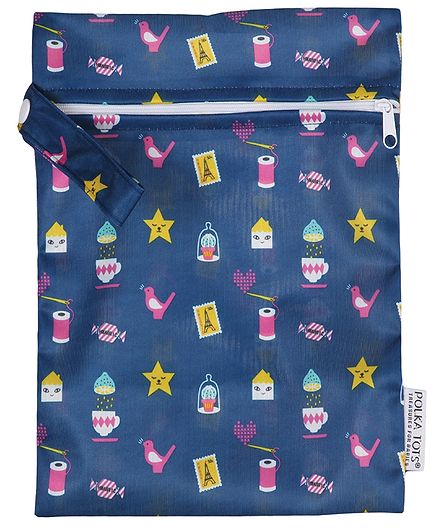 Polka Tots Waterproof Wet Bag Pouch With Zipper - Blue