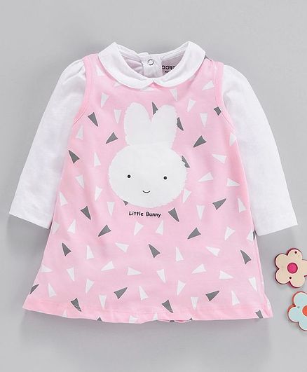 Doreme Frock With Full Sleeves Inner Tee Little Bunny Print - Light Pink