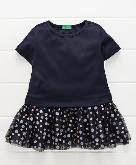 UCB Short Sleeves Winter Wear Frock Glitter Dots Print - Navy Blue