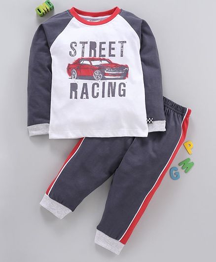 Ollypop Full Sleeves Tee And Lounge Pant Car Print - Denim Blue