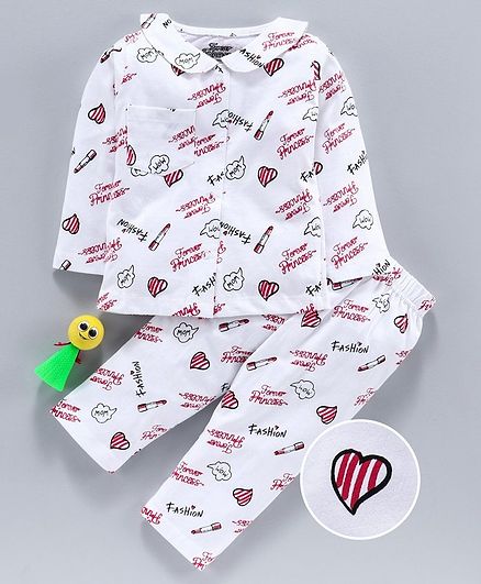 Eteenz Full Sleeves Top & Pajama Multi Print - White