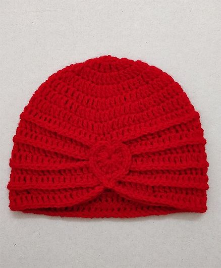Knit Masters Turban Style Heart Design Cap - Red